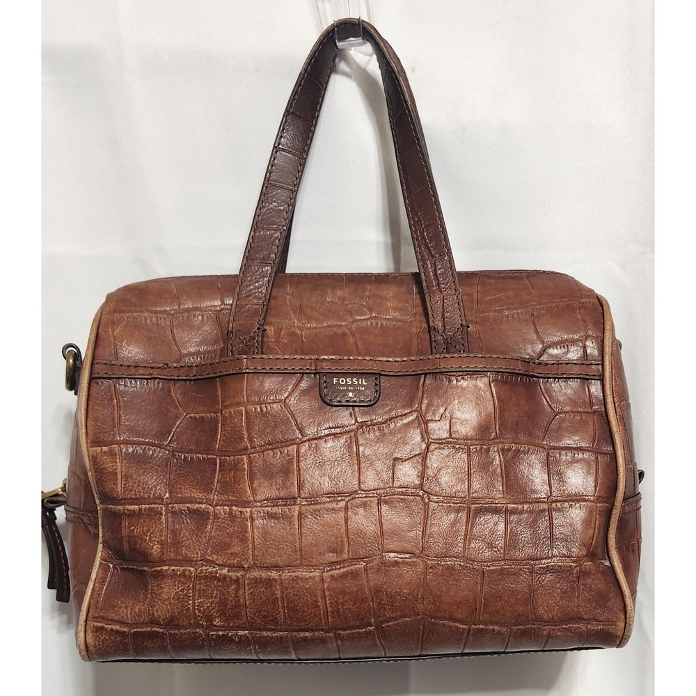 Fossil Brown Croc Embossed Leather Satchel Handbag SHB1140 Brass Hardware
